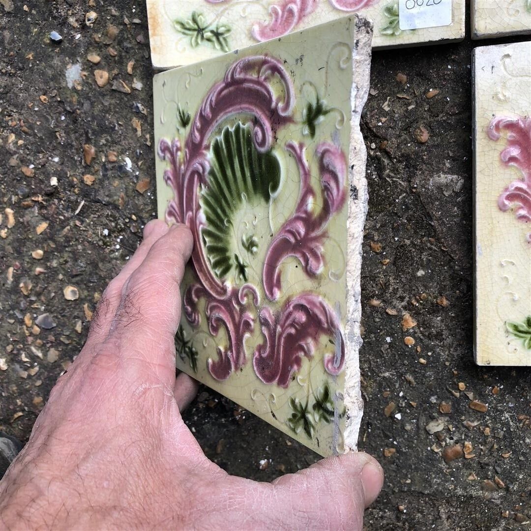 Six Antique Ceramic Fireplace Tiles Cream Glaze With Pink And Green Embossed Shell Design photo furniture