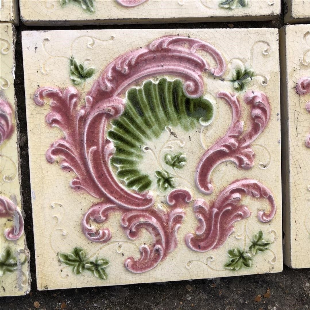 Six Antique Ceramic Fireplace Tiles Cream Glaze With Pink And Green Embossed Shell Design photo vinterior
