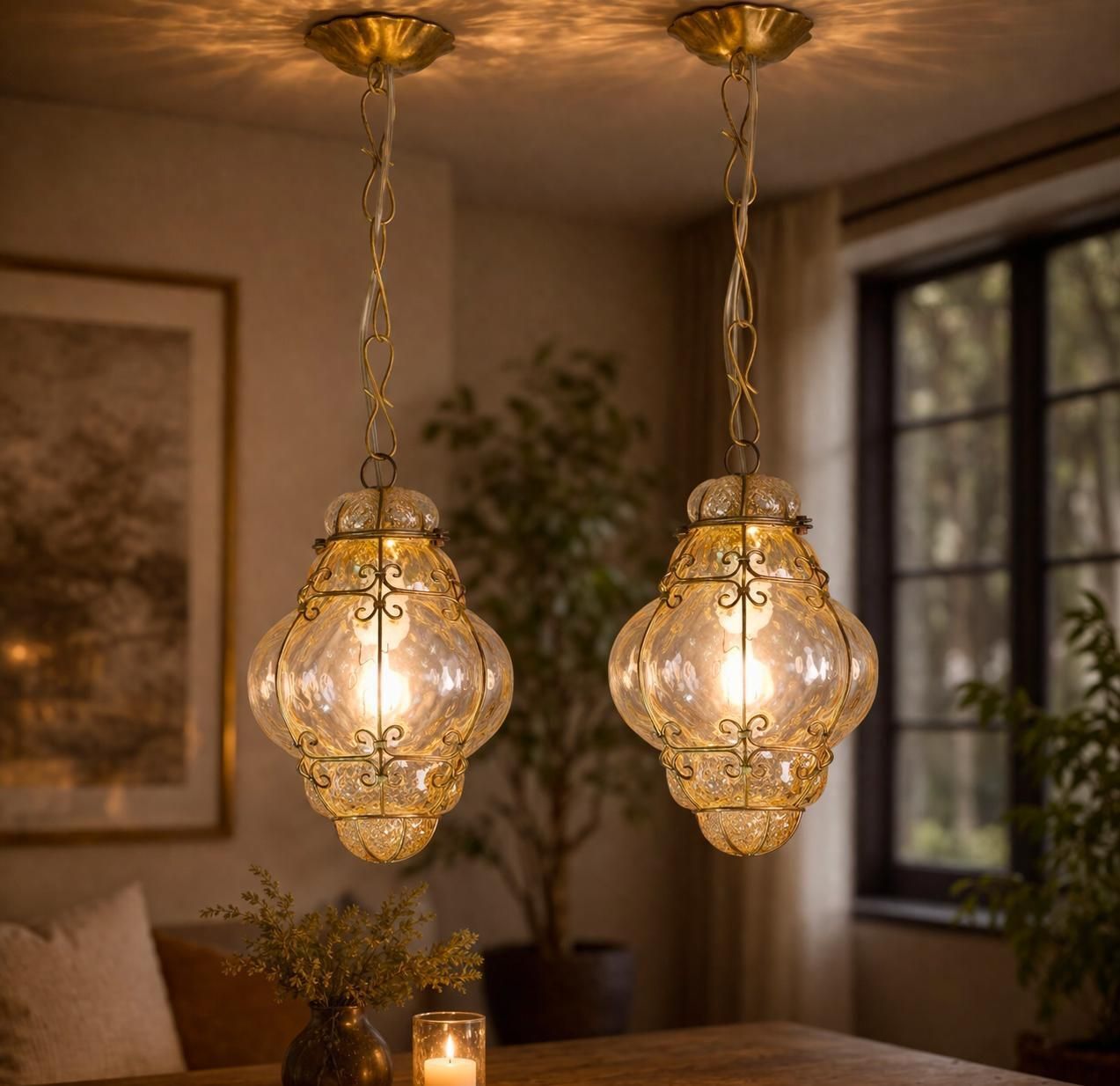 Set Of 2 Wonderful Amber Vintage Venetian Lantern, Murano Glass, Italy, 1950s photo for sale