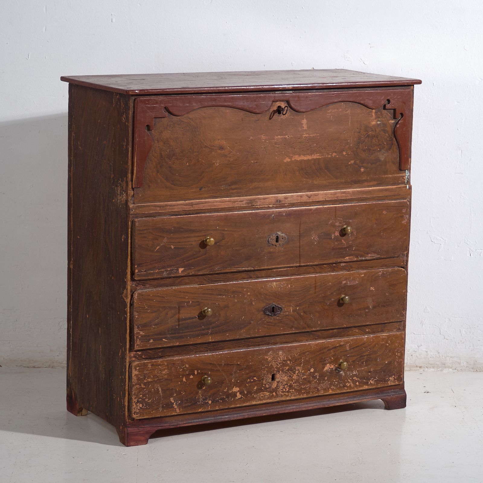 Antique Pine Bureau Chest – Rustic European Drop Front Secretary Dresser – Circa 1900
