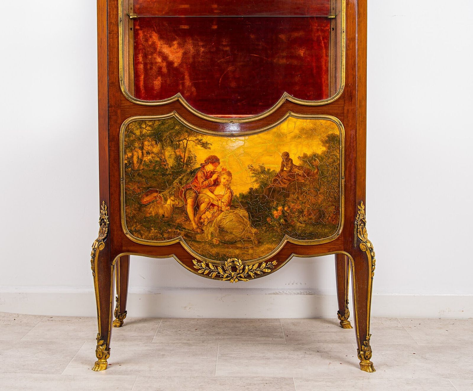 Antique French Vernis Martin Display Cabinet   Ormolu Mounted Glass Vitrine With Painted Panel photo for sale