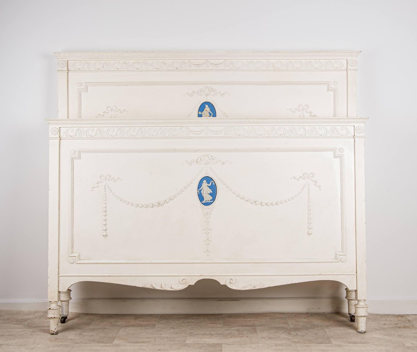 Antique French Painted Double Bed Frame With Side Irons – Wedgwood Jasper Plaque Style Bedstead