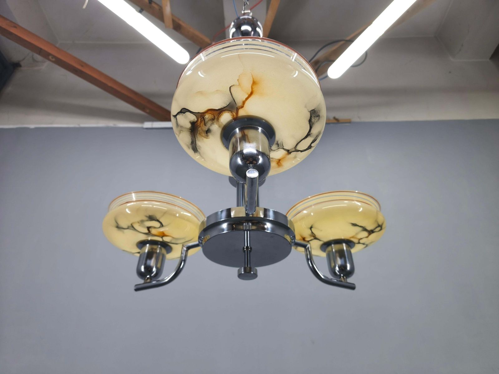 Art Deco Chandelier By Napako, Chrome & Marble Glass, 1930s photo Lighting
