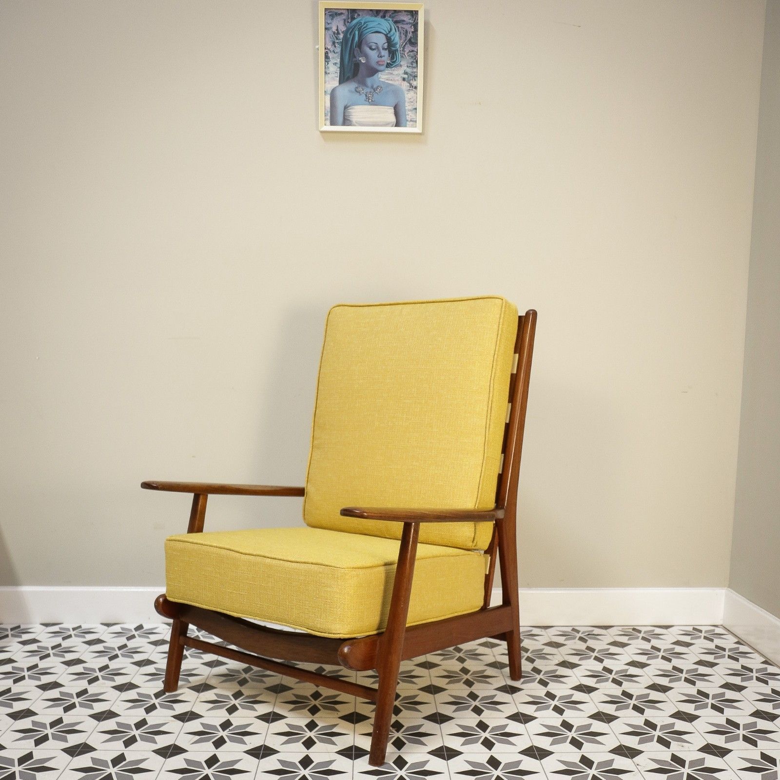 Teak Mid Century Retro Danish Style Fireside Arm Chair  Yellow Newly Upholstered photo 685.0