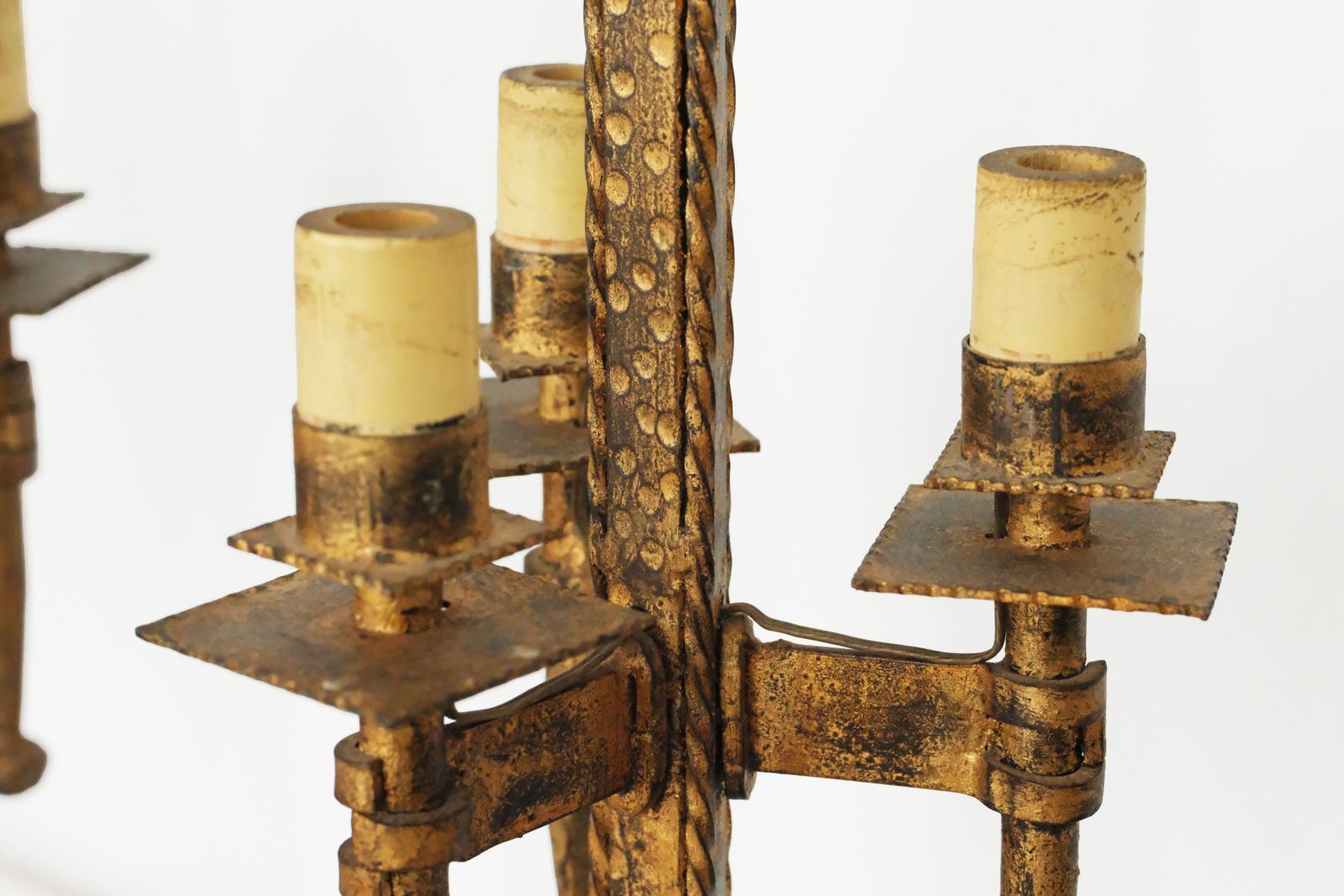 Mid 20th Century Pair Of Tripod Table Lamps In Golden Wrought Iron, Signed By Ferro Art photo furniture
