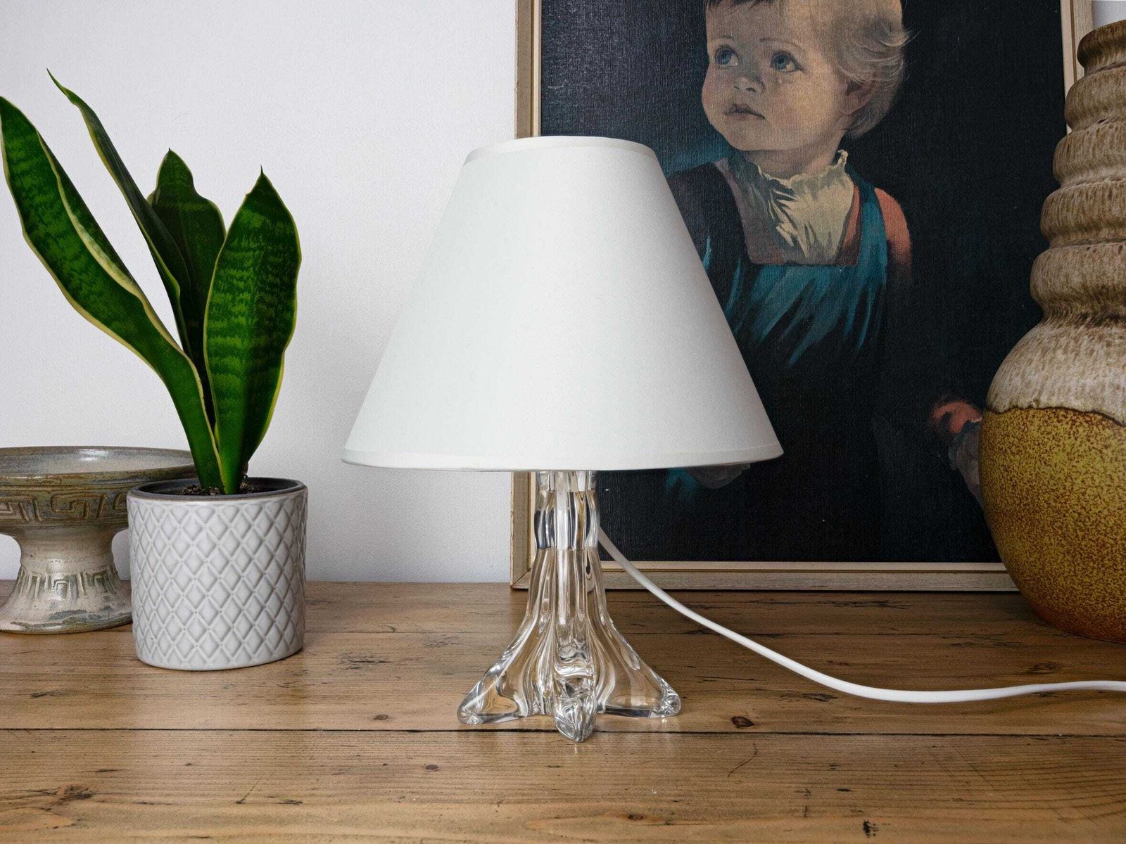 1950s   1960s Vintage French Clear Glass Table Lamp With White Lampshade   Mid Century Modern Lighting photo furniture