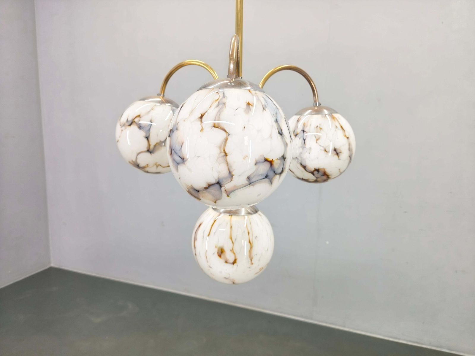 Art Deco Chandelier, Marble Glass, Brass & Chrome, 1930s photo for sale