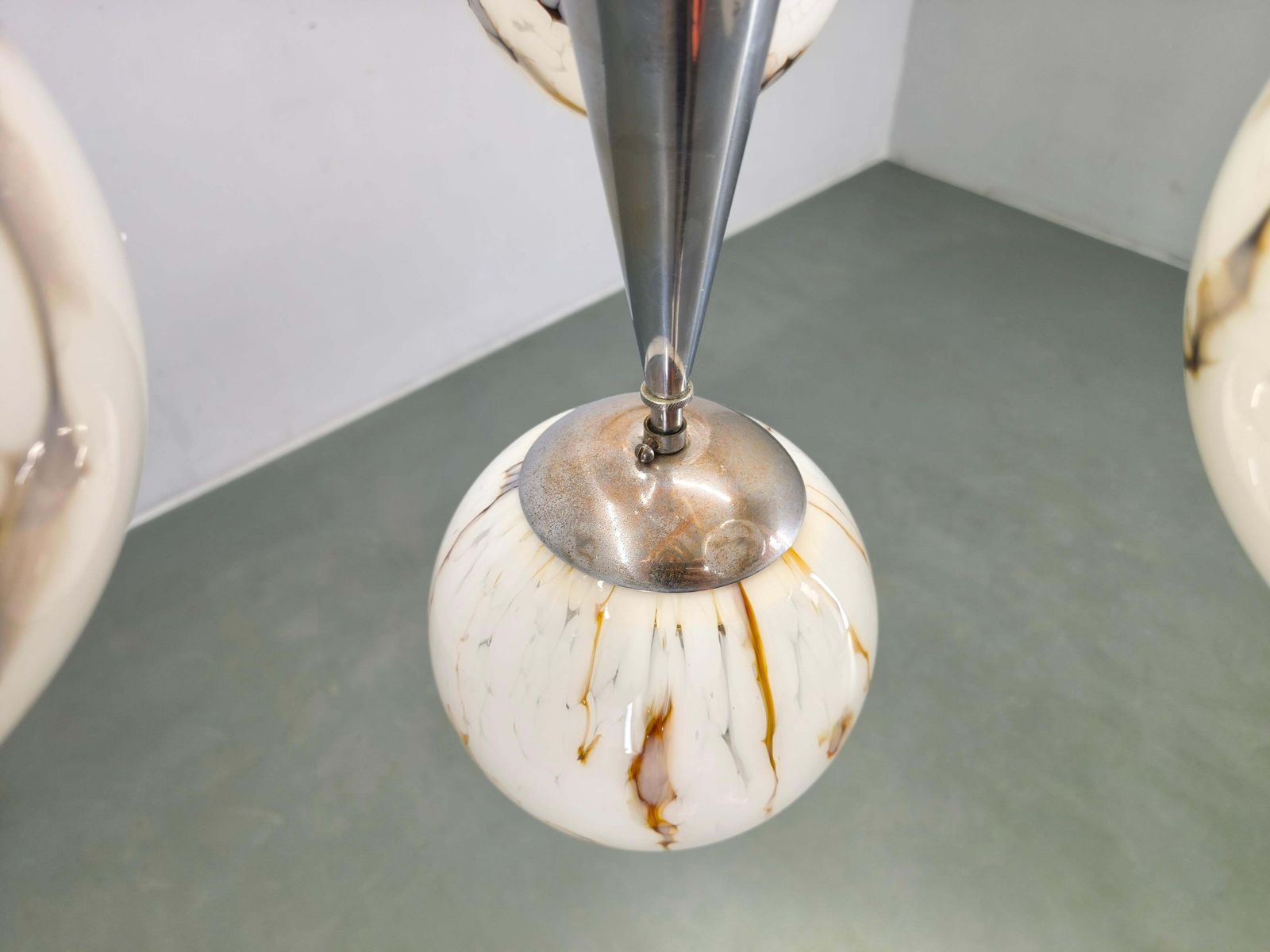 Art Deco Chandelier, Marble Glass, Brass & Chrome, 1930s photo vinterior