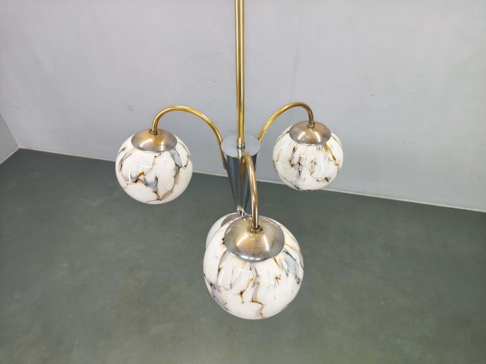Art Deco Chandelier, Marble Glass, Brass & Chrome, 1930s photo vintage