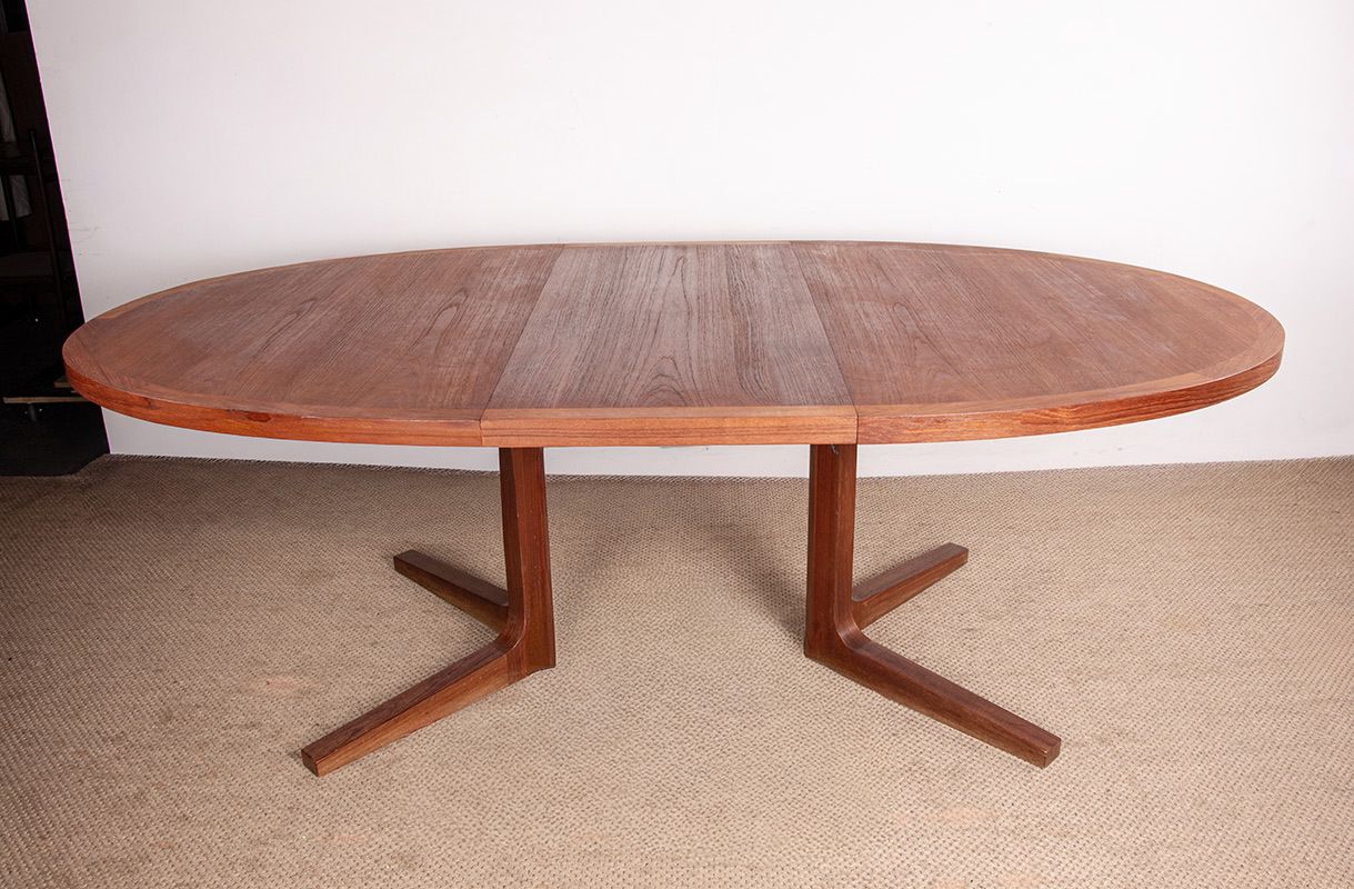 photo buy Very Large Danish Teak Dining Table, 260 Cm, Oval And Extendable, With Central Base, Model Hm 55, By John Mortensen For Dyrlund 1960.