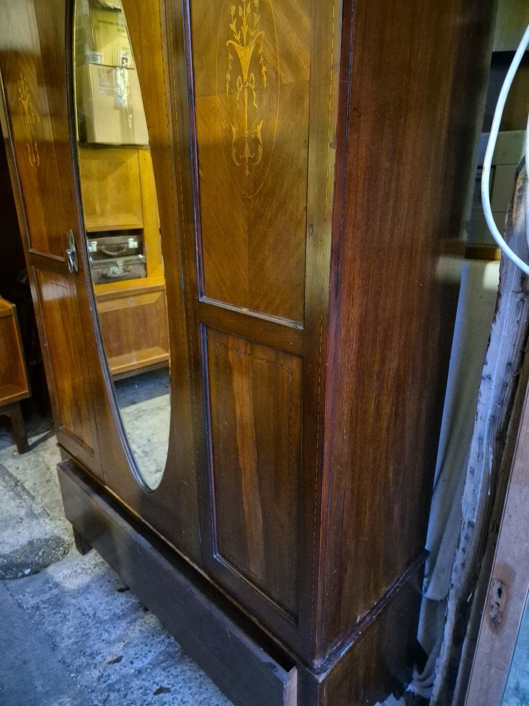 170.0 Antique Edwardian Mahogany Inlaid Mirrored Wardrobe With Drawer photo