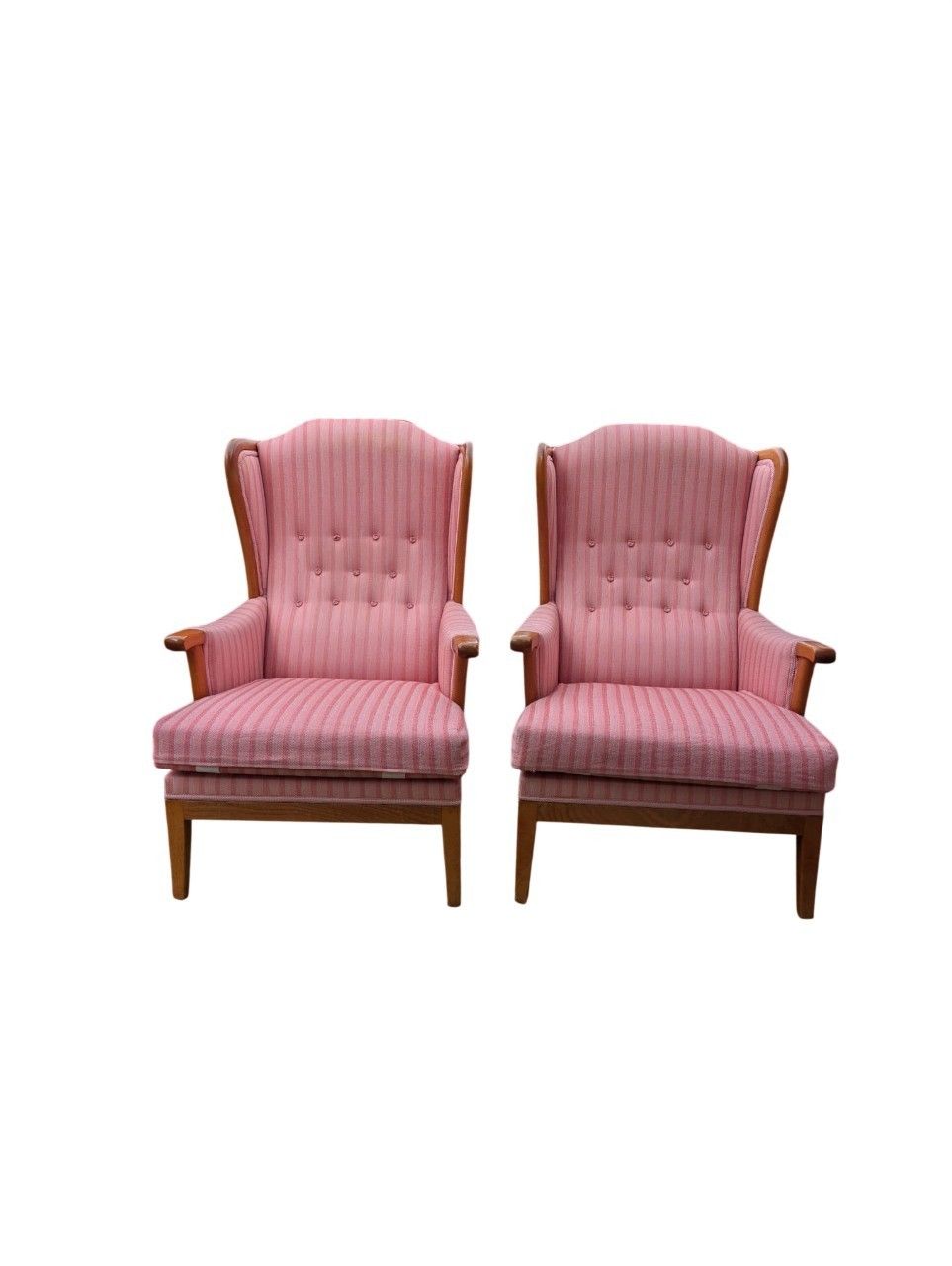Carl Malmsten “Husfadern” Armchairs, Pair, Stained Hardwood, Rose / Pink Striped
