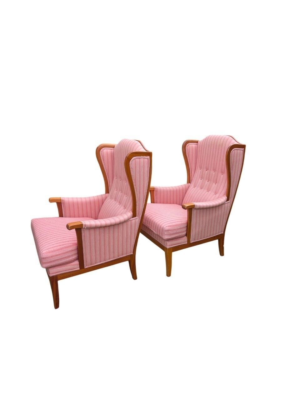 Carl Malmsten “Husfadern” Armchairs, Pair, Stained Hardwood, Rose / Pink Striped photo furniture