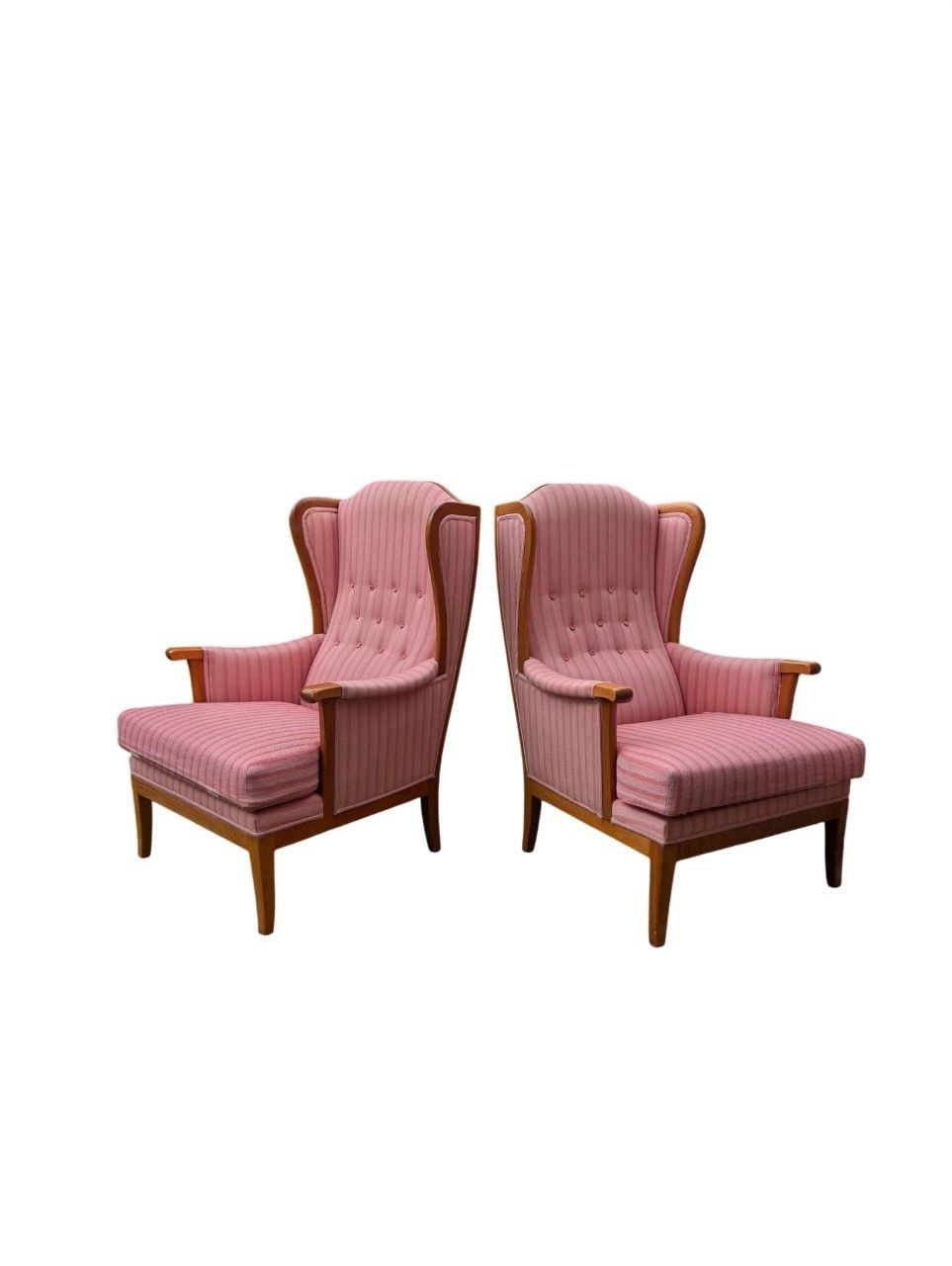 Carl Malmsten “Husfadern” Armchairs, Pair, Stained Hardwood, Rose / Pink Striped photo Furniture