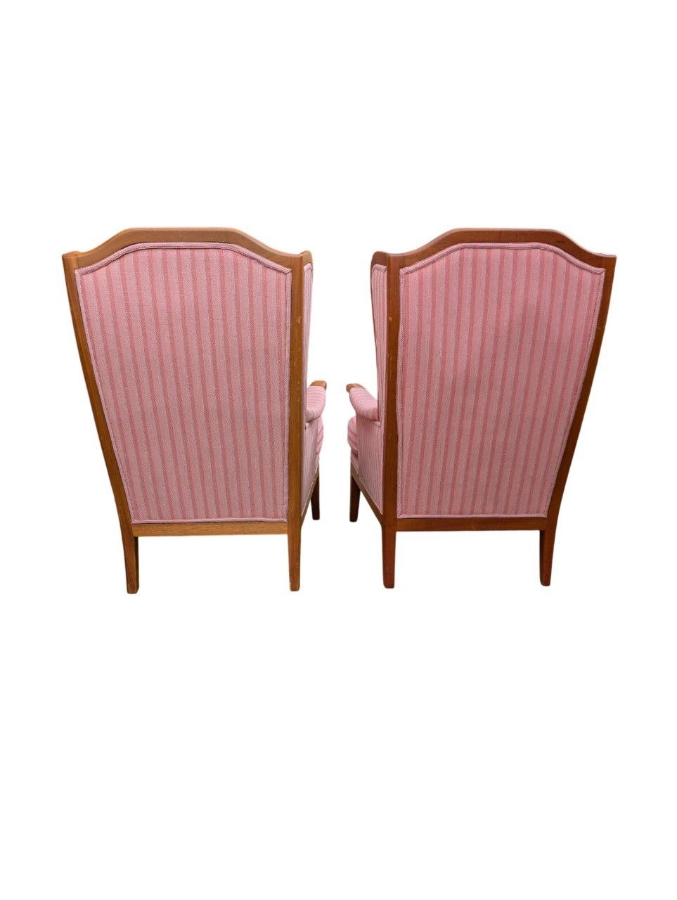 Carl Malmsten “Husfadern” Armchairs, Pair, Stained Hardwood, Rose / Pink Striped photo 1350.0