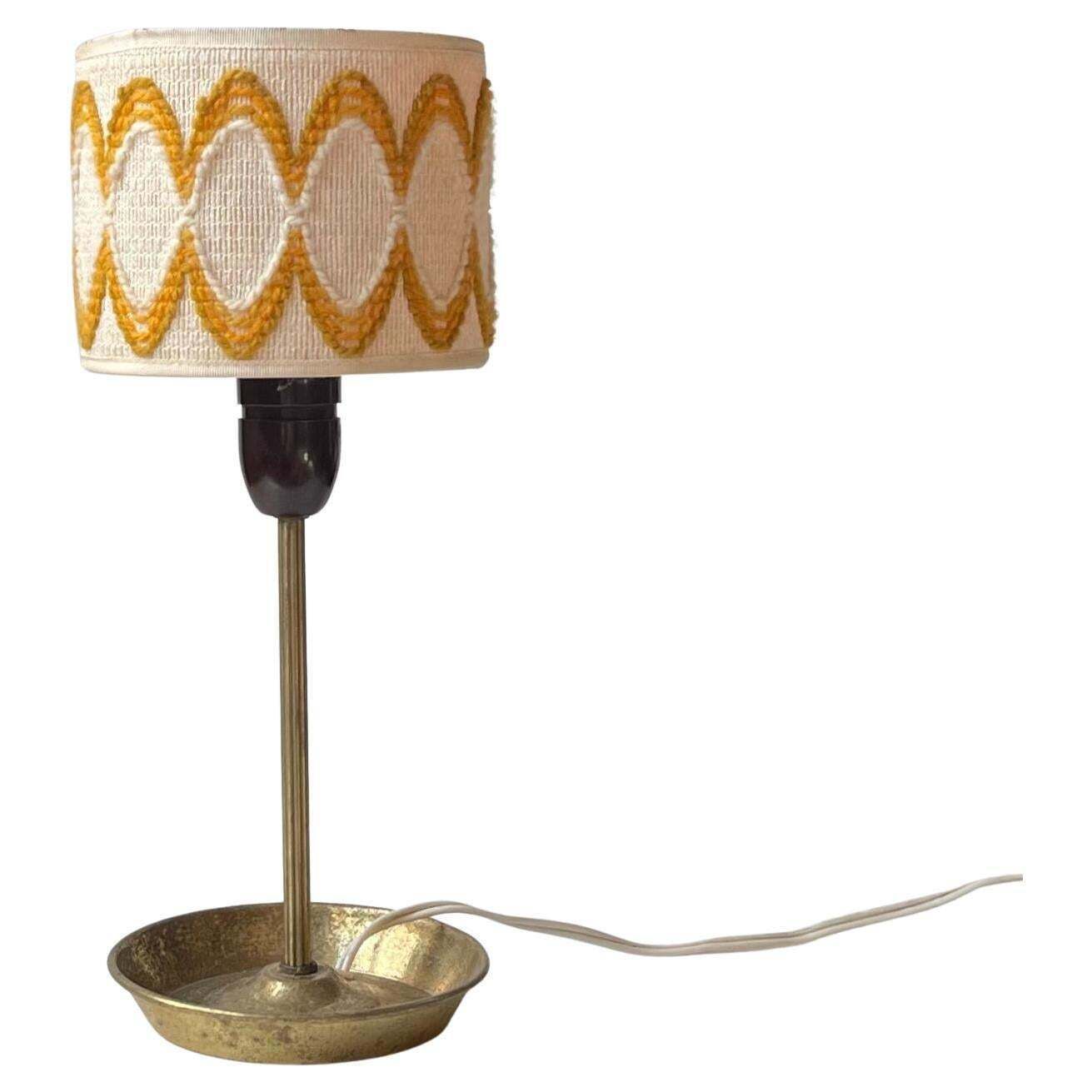 Vintage Hippie Table Lamp With Ashtray Brass Base & Wool Shade, 1970s