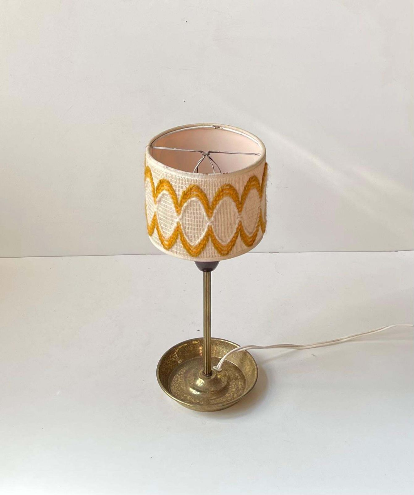 Vintage Hippie Table Lamp With Ashtray Brass Base & Wool Shade, 1970s photo 331.0