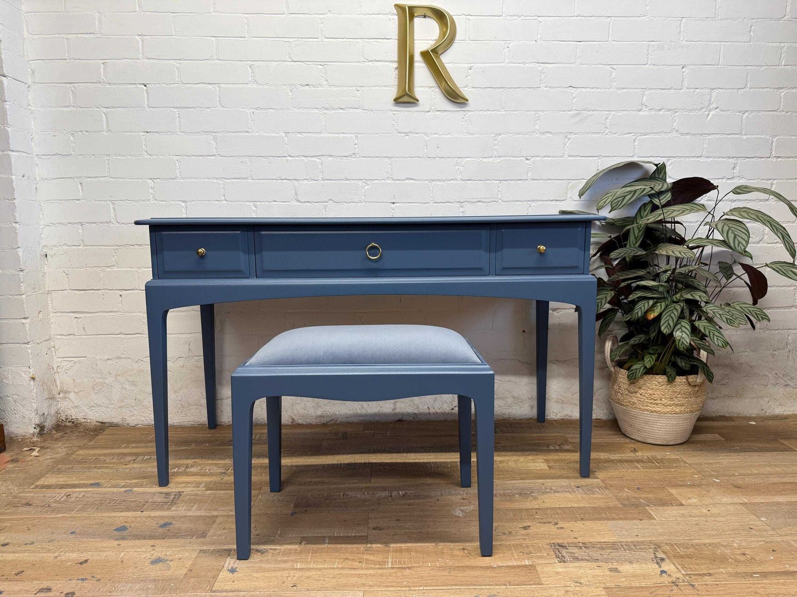 Stag Minstrel Vanity Dressing Table With Matching Stool Painted Evening Dove Blue/Grey photo furniture