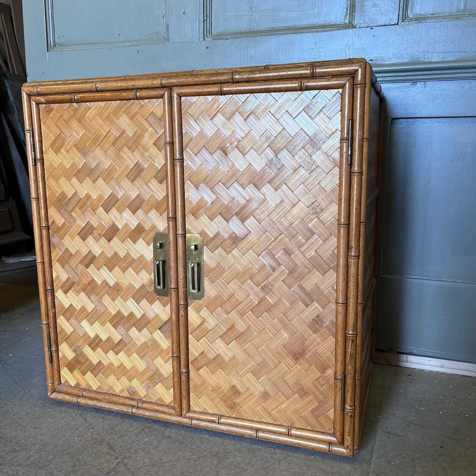 Furniture Vintage Bamboo And Rattan Double Door Cabinet With Brass Handles photo
