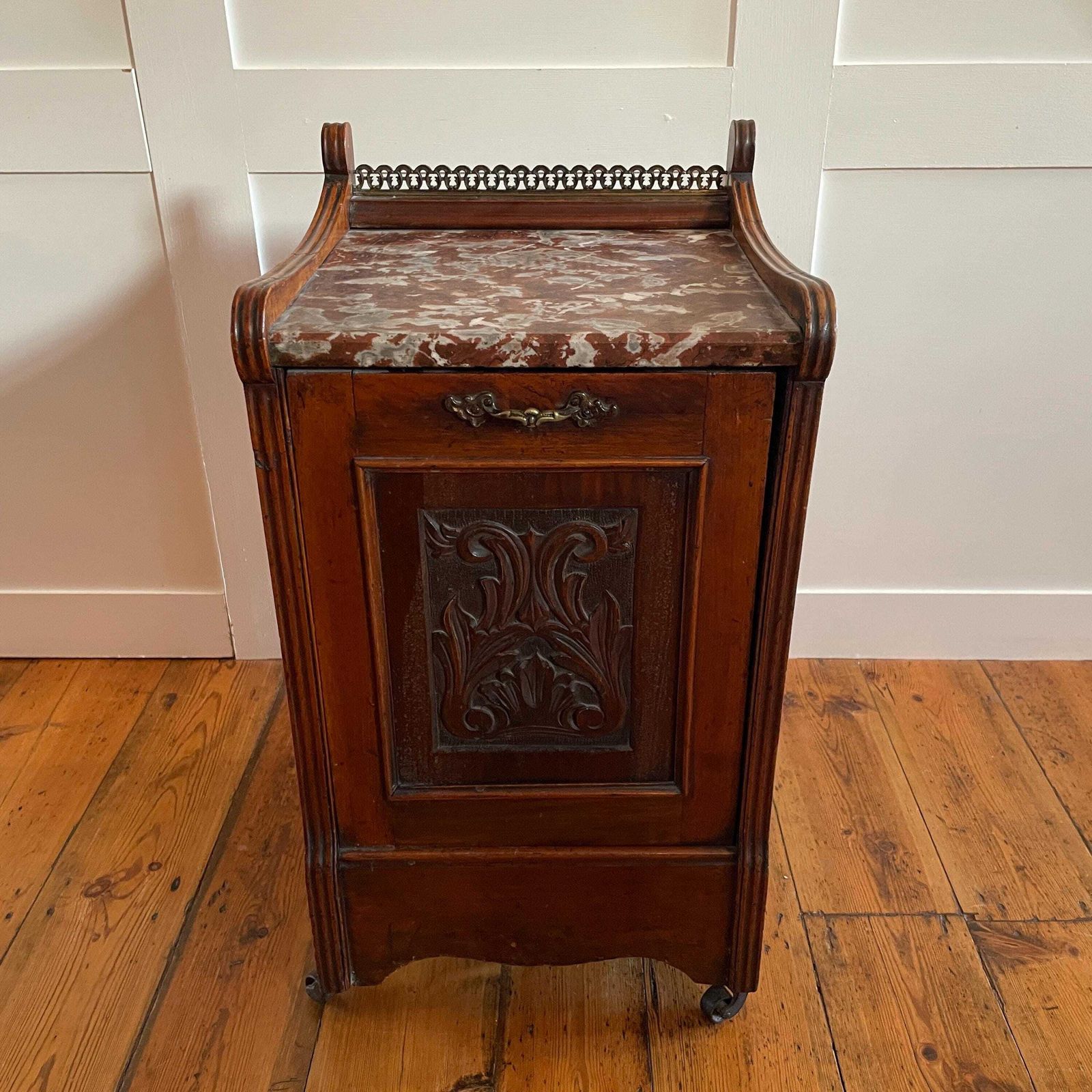 Antique Coal Scuttle Cabinet Wooden Red Marble Top On Wheels Victorian Fireplace Carved Wood Furniture Mahogany Box photo furniture