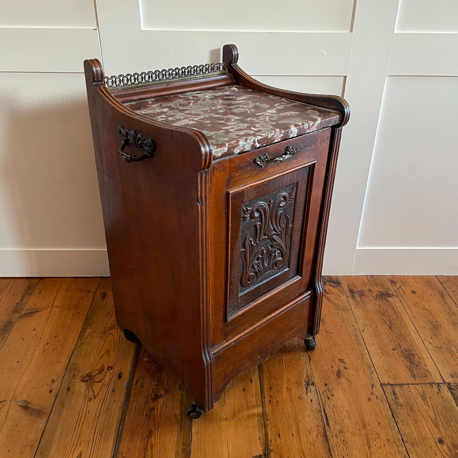 Antique Coal Scuttle Cabinet Wooden Red Marble Top On Wheels Victorian Fireplace Carved Wood Furniture Mahogany Box photo for sale