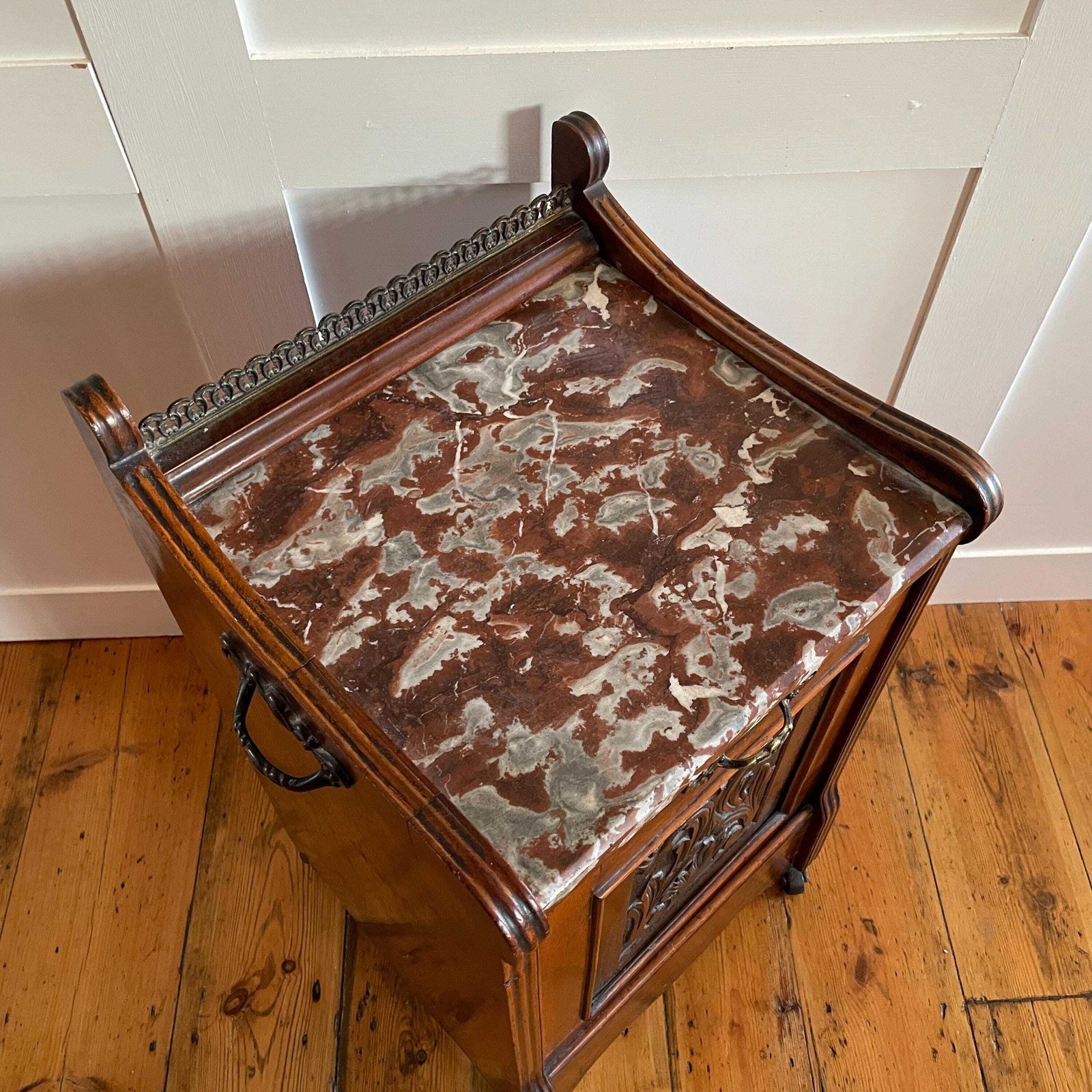 Antique Coal Scuttle Cabinet Wooden Red Marble Top On Wheels Victorian Fireplace Carved Wood Furniture Mahogany Box photo Furniture
