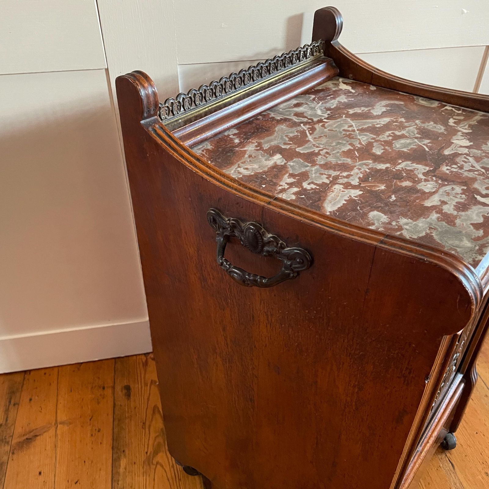 Antique Coal Scuttle Cabinet Wooden Red Marble Top On Wheels Victorian Fireplace Carved Wood Furniture Mahogany Box photo buy