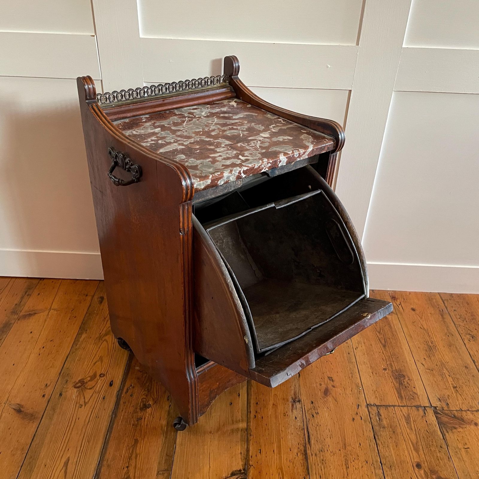 Antique Coal Scuttle Cabinet Wooden Red Marble Top On Wheels Victorian Fireplace Carved Wood Furniture Mahogany Box photo vintage