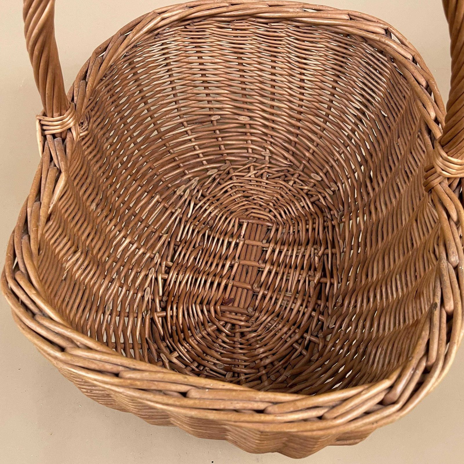 Oval Basket Woven Wicker Handle Log Storage Laundry Carrier Cottage Farmhouse Vintage Antique Handmade Old Traditional Round Medium Picking photo buy