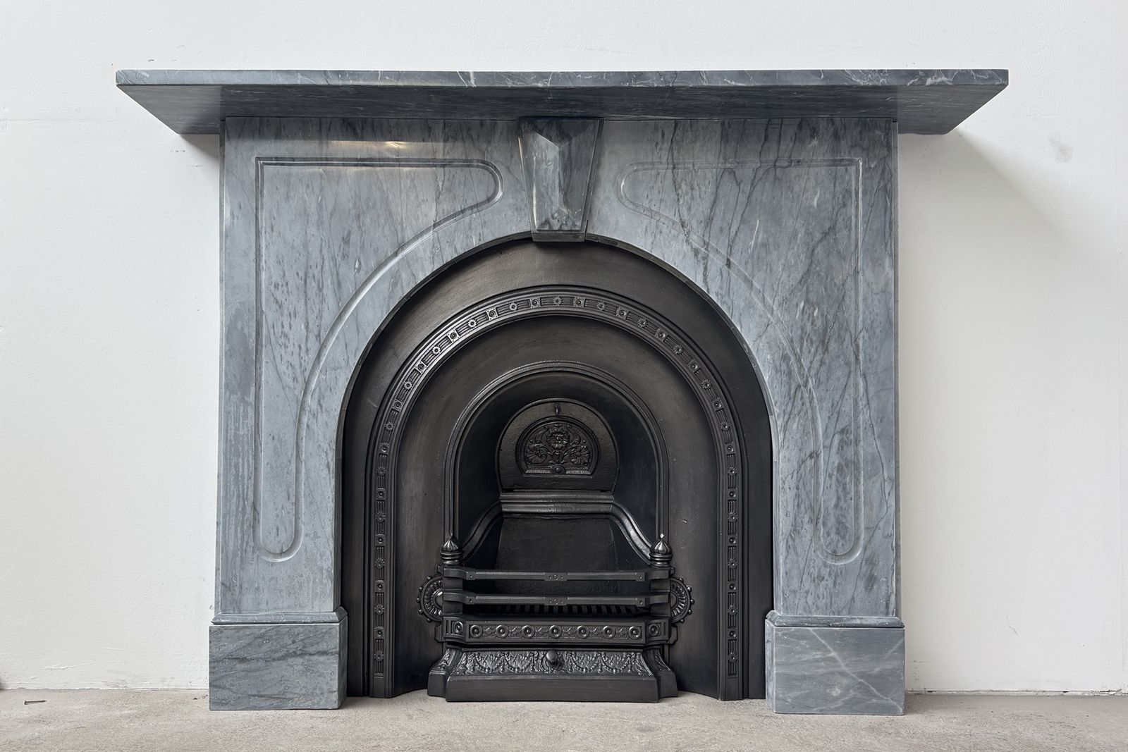 Antique Victorian Arched Grey Marble Fireplace Surround
