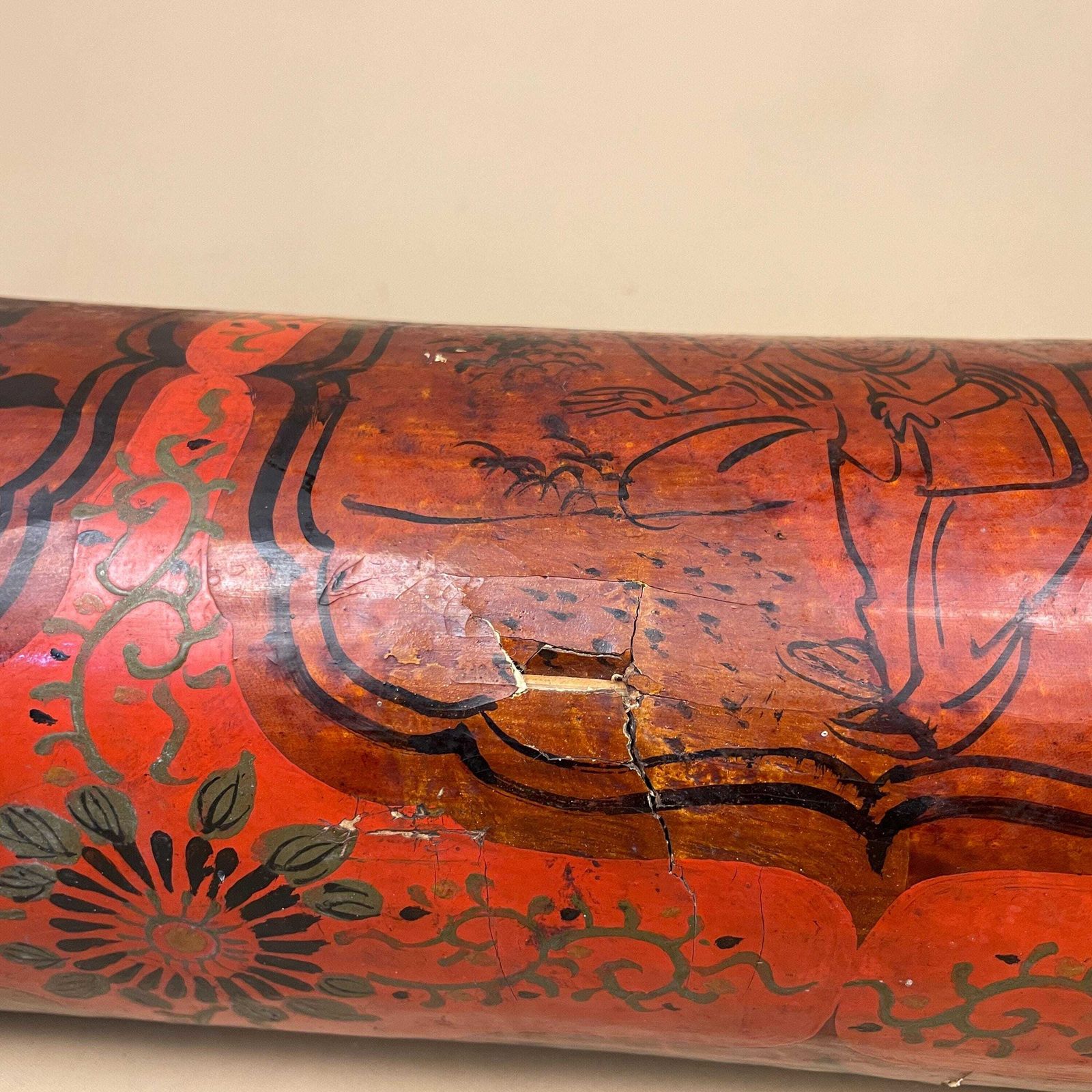 photo furniture Chinese Lacquer Pillow Headrest Hand Painted Floral Red Black Decor Art C.Mid 19th Century Lacquered Asian Oriental