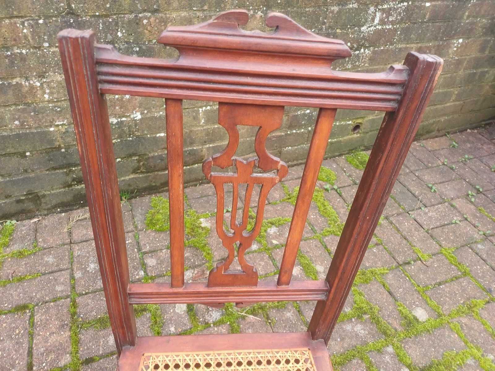 photo for sale Pair Edwardian Mahogany Lyre Back Cane Seat Chairs Antique Dining Accent Bedroom Hall Carved