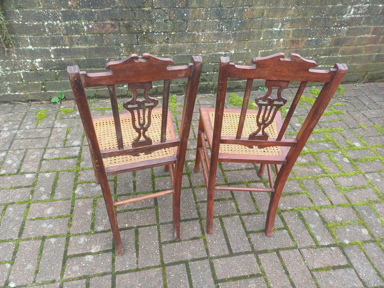 245.0 Pair Edwardian Mahogany Lyre Back Cane Seat Chairs Antique Dining Accent Bedroom Hall Carved photo