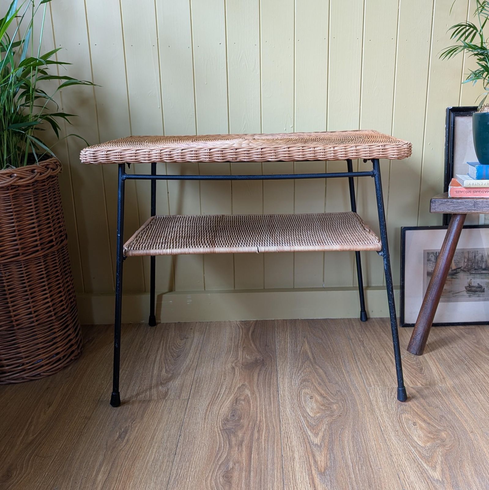 Mid Century Steel And Rattan Side Table
