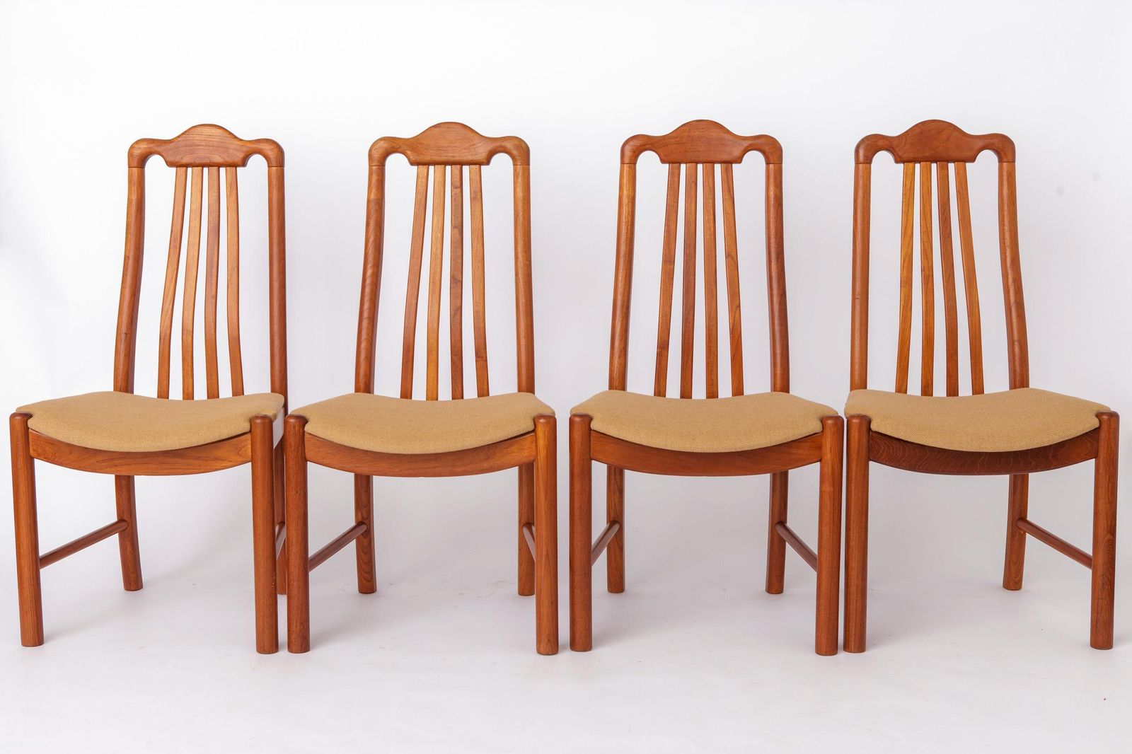 Set Of 4 Danish Teak Dining Chairs 1960s, Mid Century Vintage Chairs, Beige Upholstered Seats photo furniture