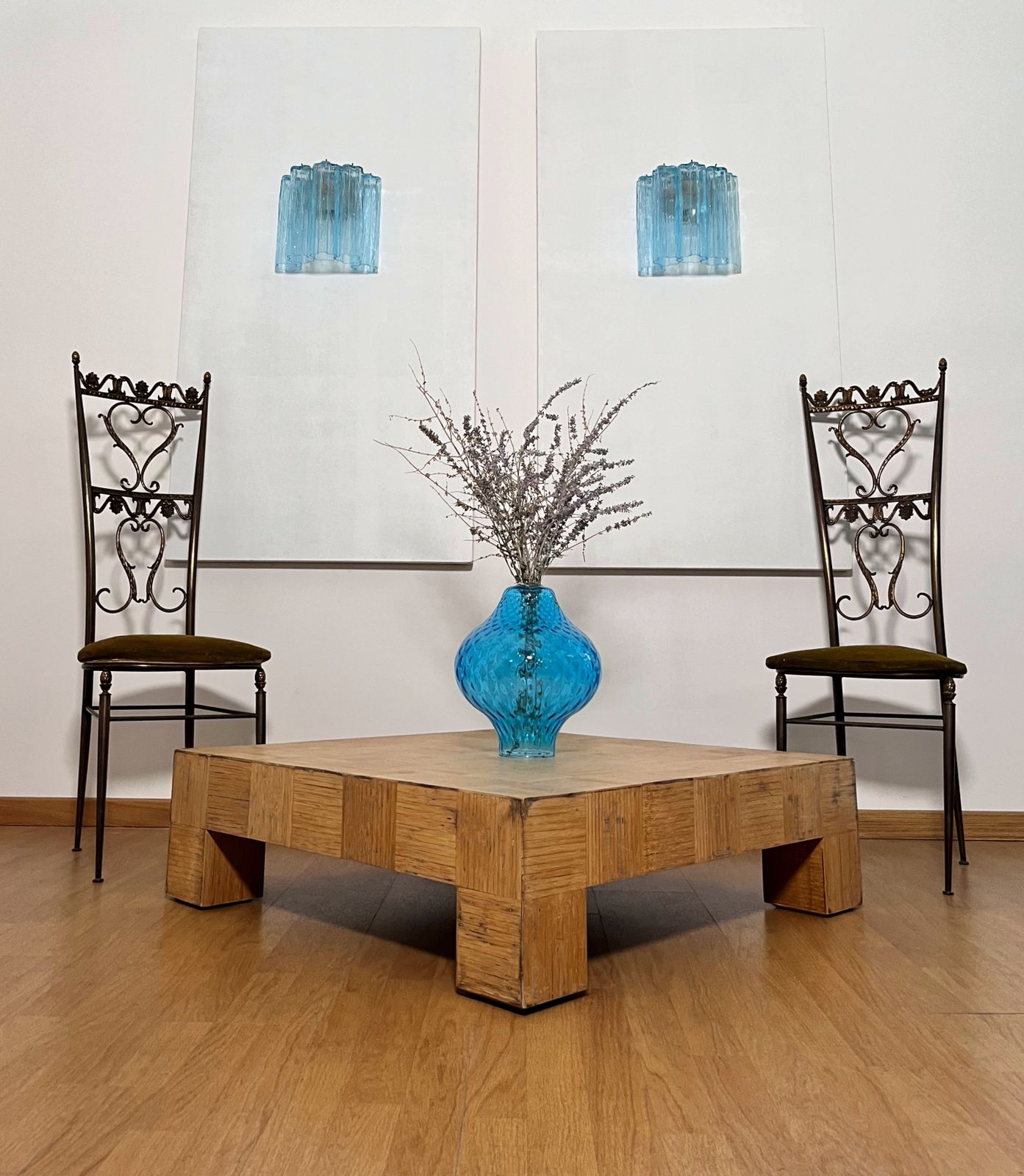 Fantastic Pair Of Murano Glass Tube Wall Sconces   5 Blue Glass Tube photo for sale