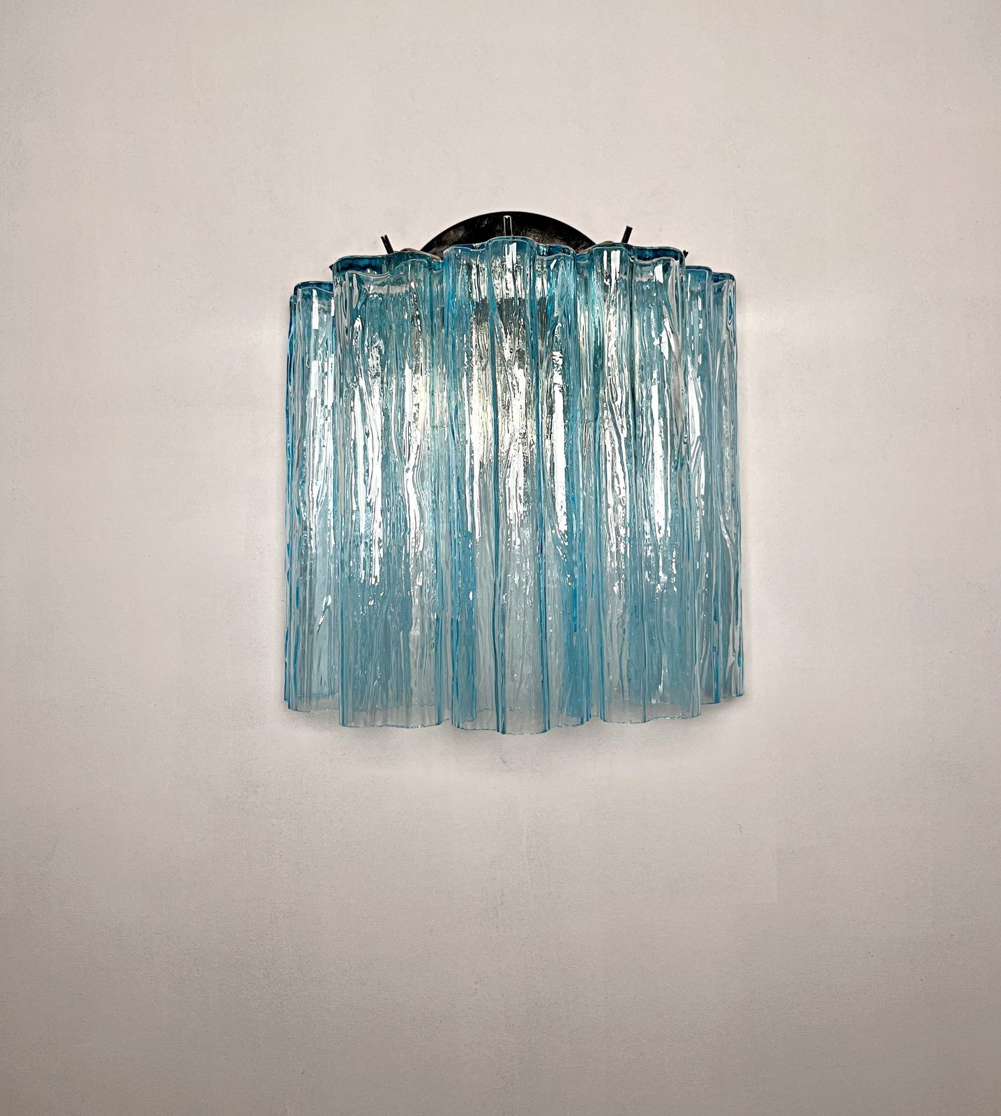 Fantastic Pair Of Murano Glass Tube Wall Sconces   5 Blue Glass Tube