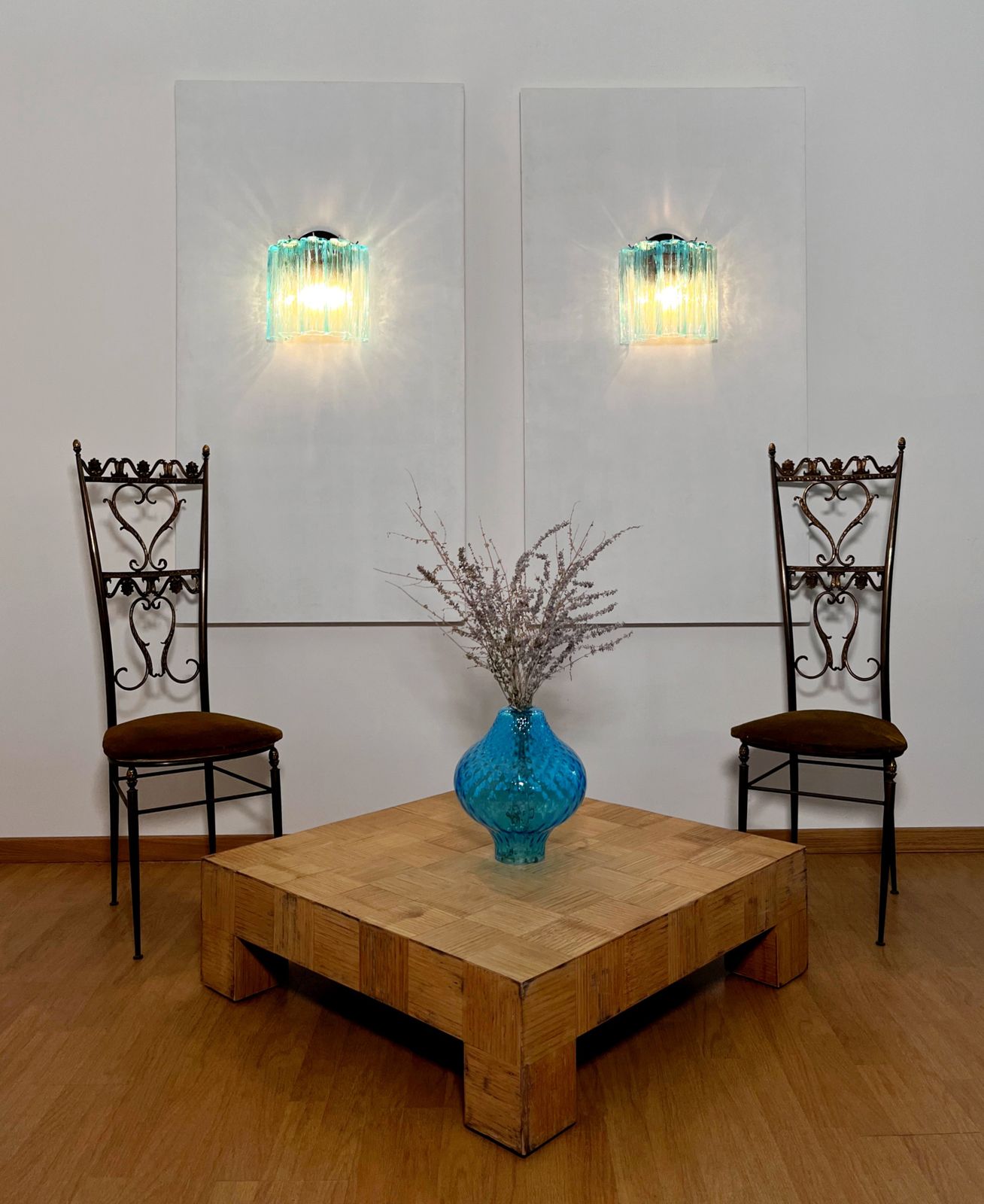 photo for sale Fantastic Pair Of Murano Glass Tube Wall Sconces   5 Blue Glass Tube