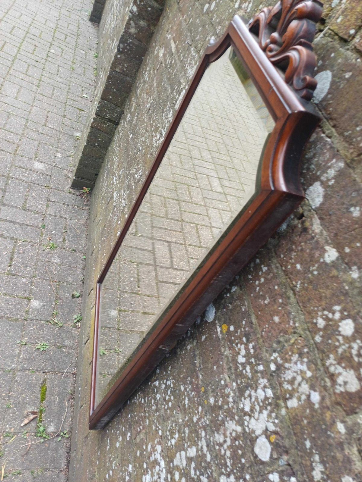 395.0 Large Antique Victorian Mahogany Wall Mirror With Carved Crest And Bevelled Glass Antique Statement Piece photo