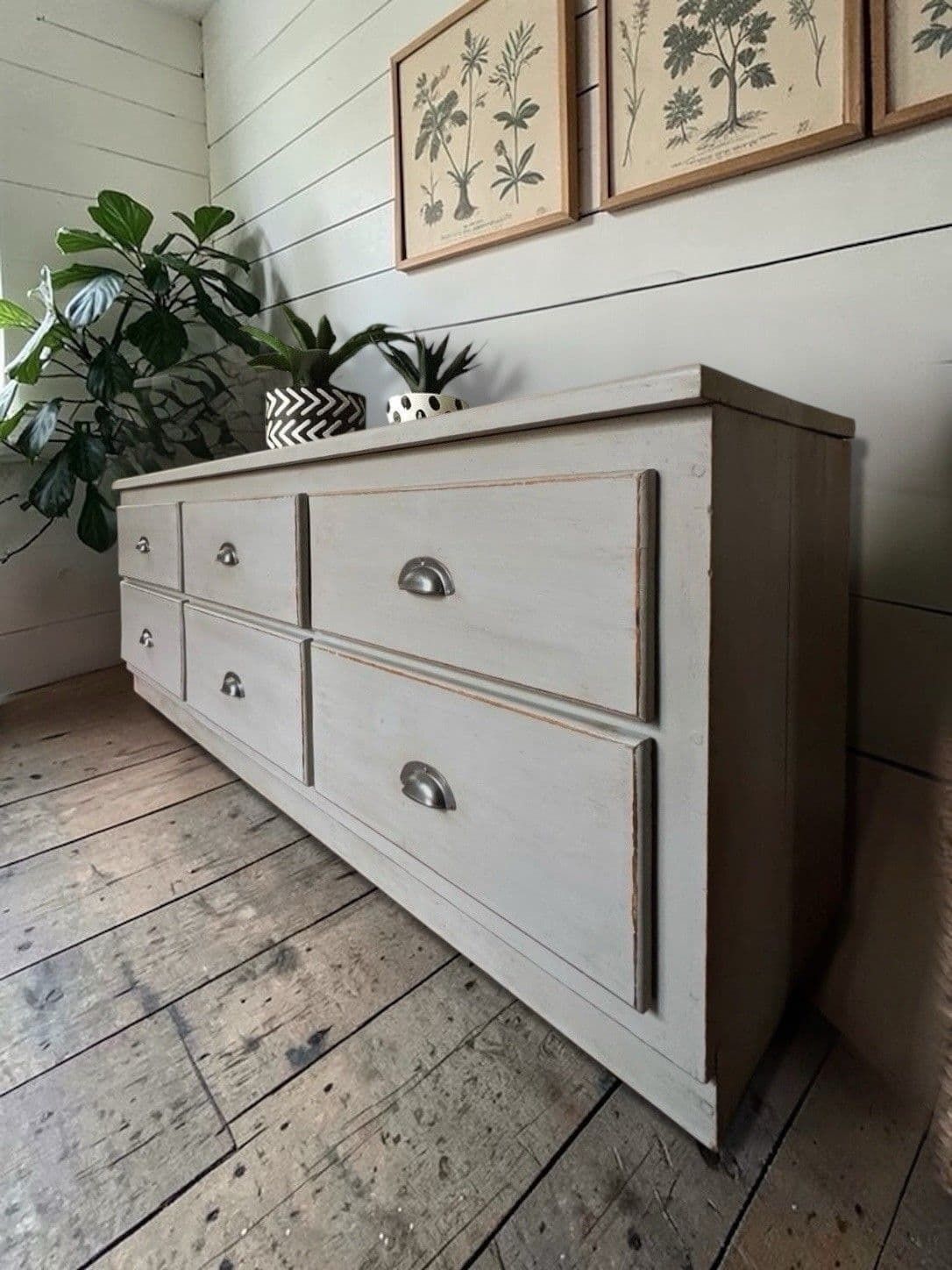 Solid Pine Grey Painted Multidrawer Low Sideboard Chest Of Drawers Tv Table