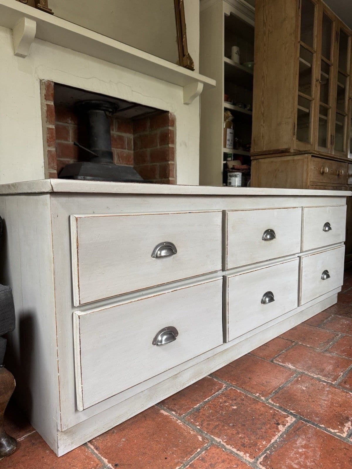 Furniture Solid Pine Grey Painted Multidrawer Low Sideboard Chest Of Drawers Tv Table photo