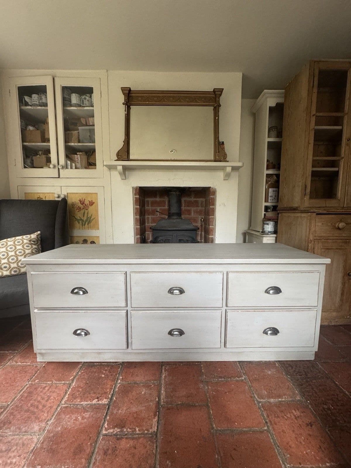1095.0 Solid Pine Grey Painted Multidrawer Low Sideboard Chest Of Drawers Tv Table photo