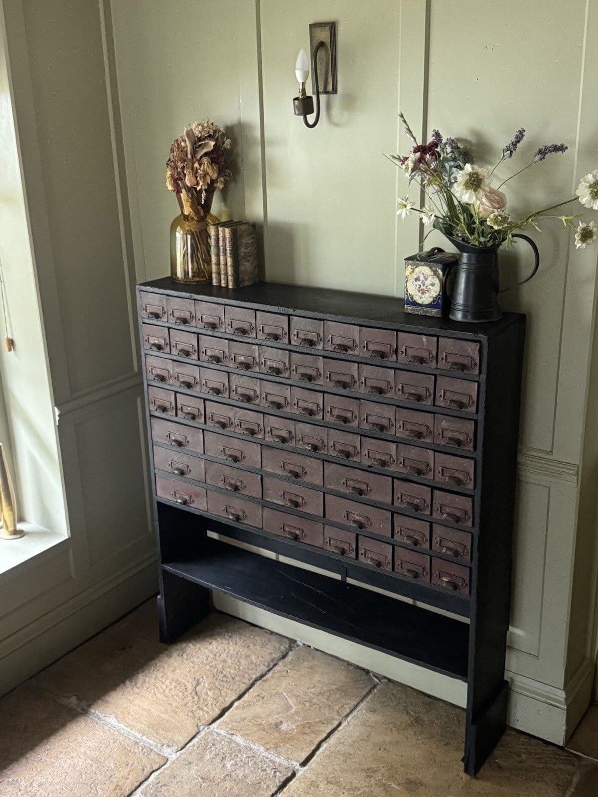 photo furniture Vintage Industrial Pine & Metal Apothecary Chest Of Multi Drawers Label Holders