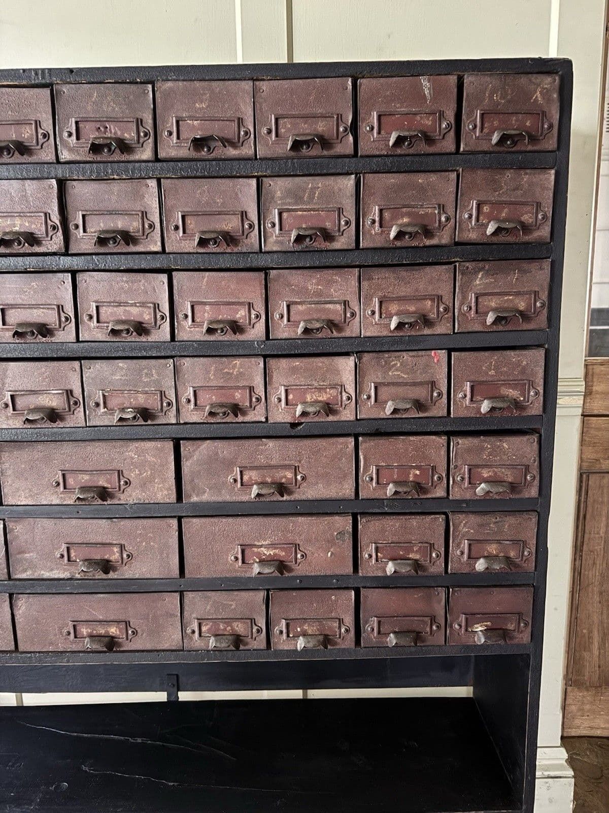 Furniture Vintage Industrial Pine & Metal Apothecary Chest Of Multi Drawers Label Holders photo