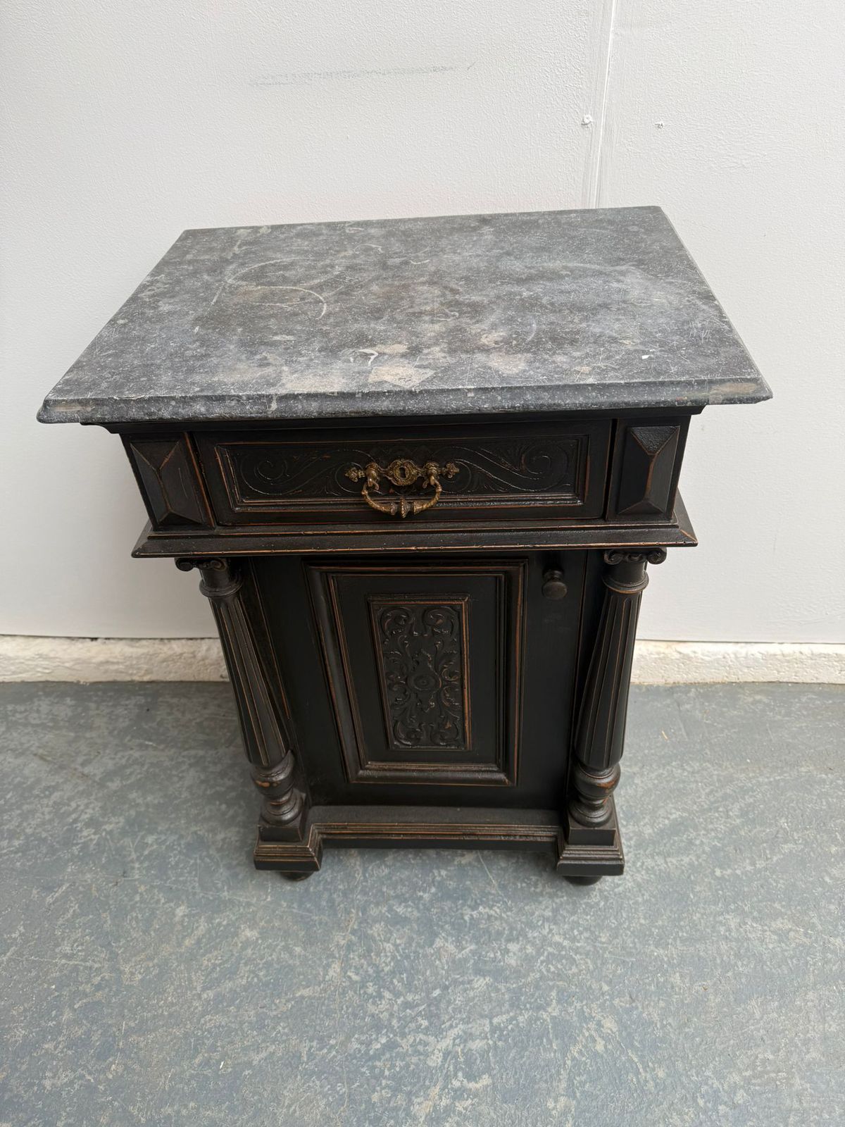 An Original Hungarian Antique Pine & Oak Painted Black Columned Bedside Cabinet photo for sale