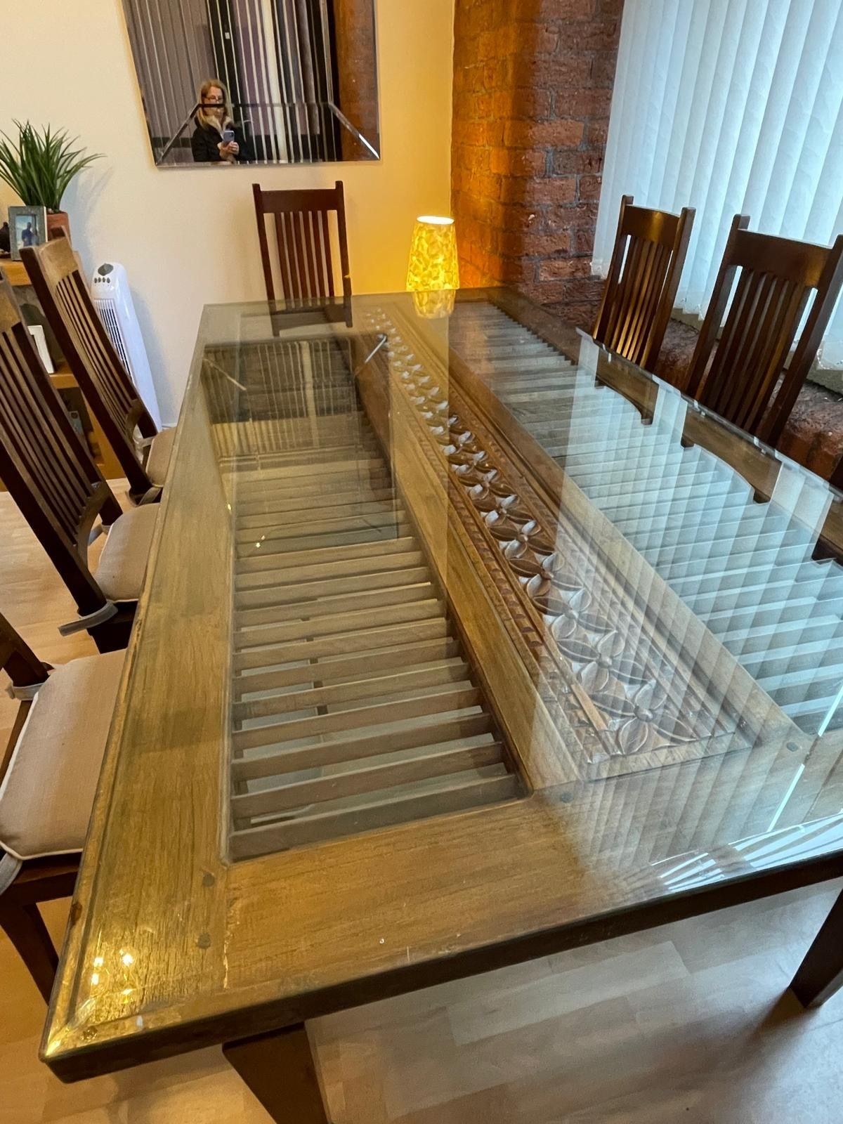 Stunning, One Of A Kind Indonesian Teak Dining Table Imported From Bali. With Intricate Carved Details. Includes 8 Matching Chairs With Beautifully Coordinated Upholstery.
