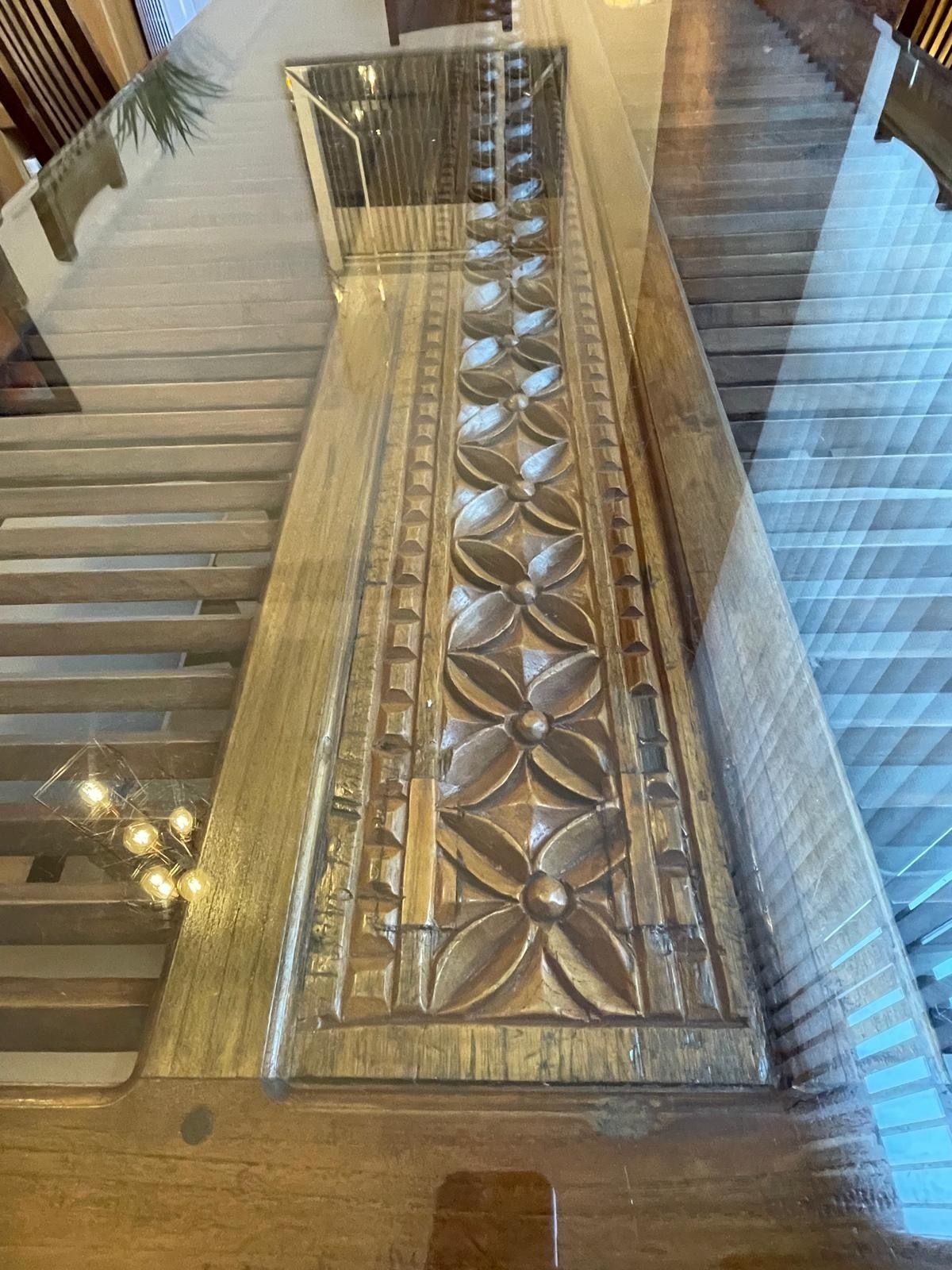 Stunning, One Of A Kind Indonesian Teak Dining Table Imported From Bali. With Intricate Carved Details. Includes 8 Matching Chairs With Beautifully Coordinated Upholstery. photo for sale