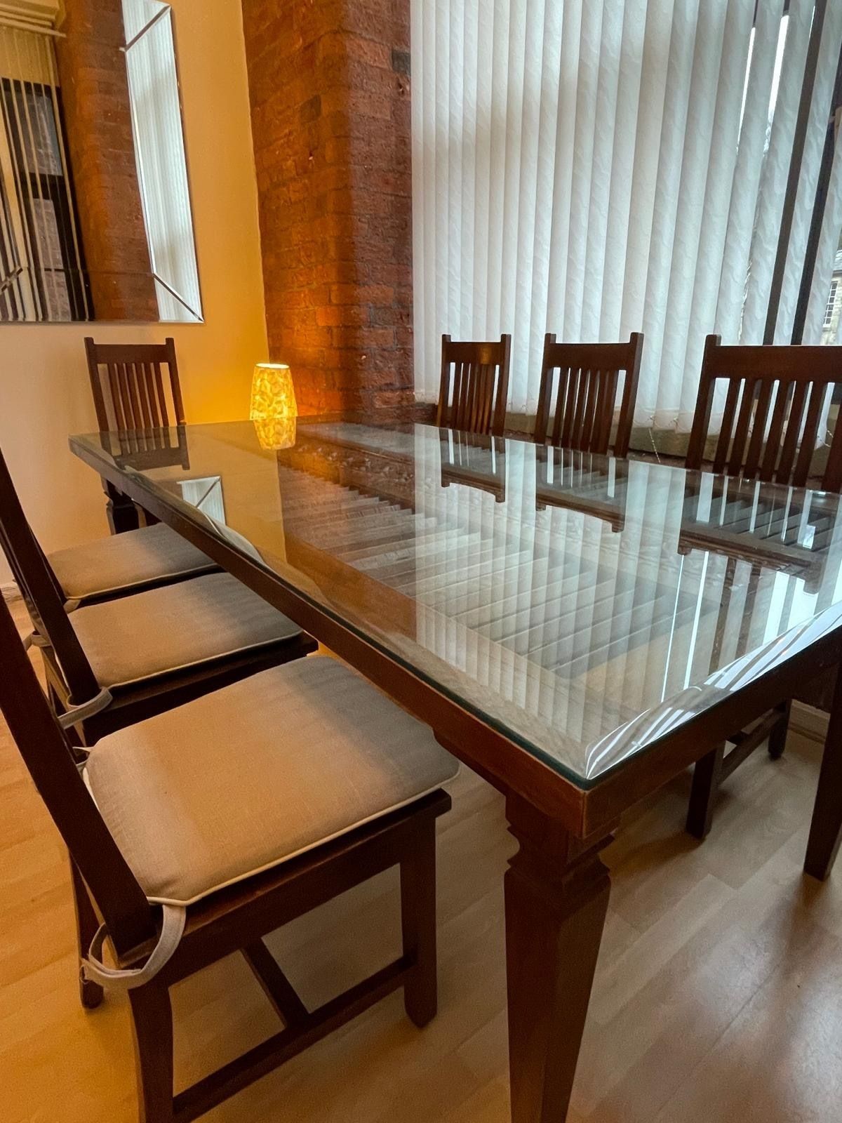 Stunning, One Of A Kind Indonesian Teak Dining Table Imported From Bali. With Intricate Carved Details. Includes 8 Matching Chairs With Beautifully Coordinated Upholstery. photo Furniture