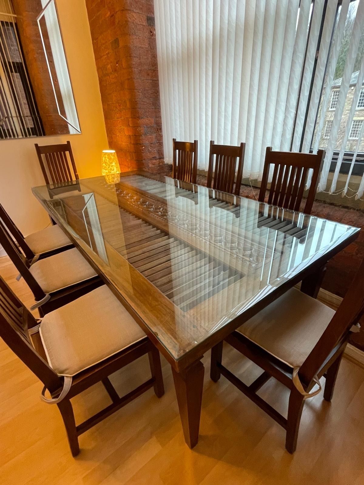 Stunning, One Of A Kind Indonesian Teak Dining Table Imported From Bali. With Intricate Carved Details. Includes 8 Matching Chairs With Beautifully Coordinated Upholstery. photo 1300.0