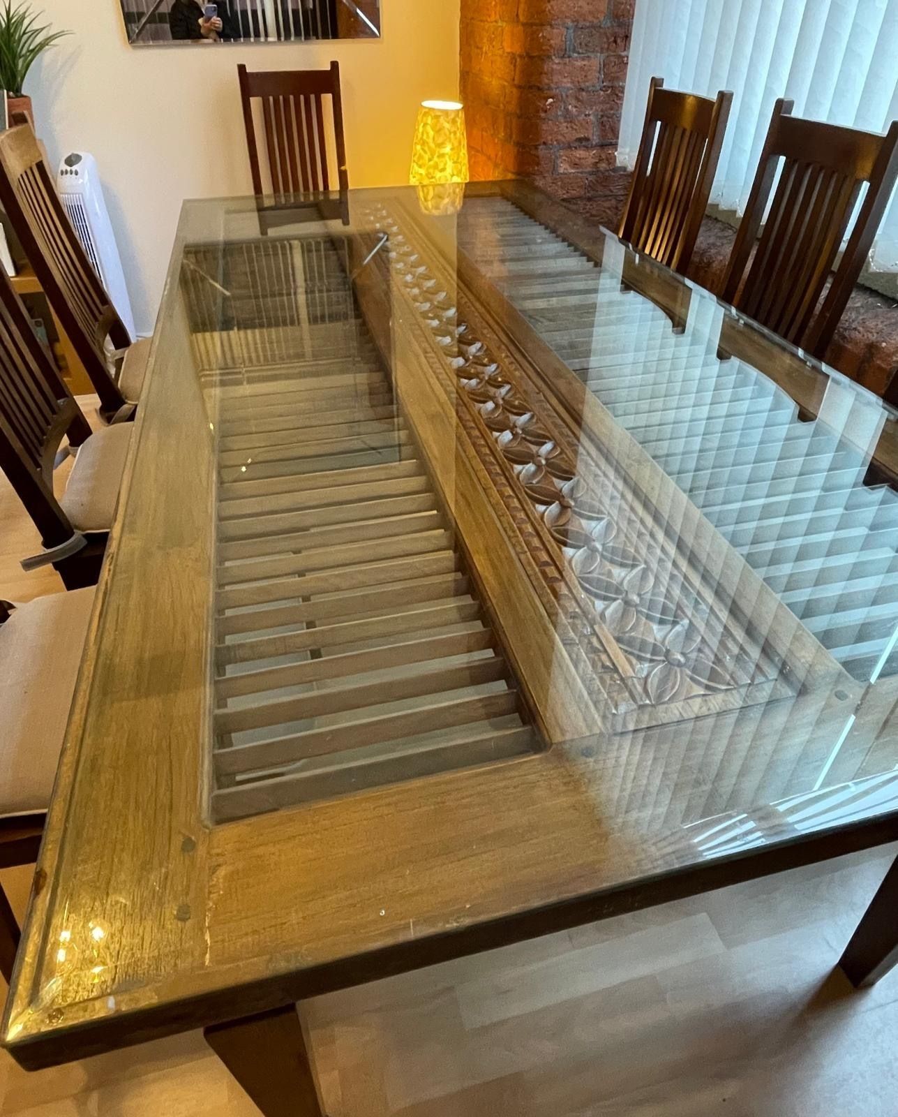 Stunning, One Of A Kind Indonesian Teak Dining Table Imported From Bali. With Intricate Carved Details. Includes 8 Matching Chairs With Beautifully Coordinated Upholstery. photo vinterior